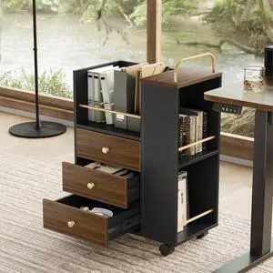 3 Drawer Mobile File Cabinet, Wood Rolling Filing Cabinet with Lockable Wheels, Utility Cart with Open Storage Shelves Home Office Fits A4/Legal, 19.7" x 11.8" x 26.3", Walnut Black