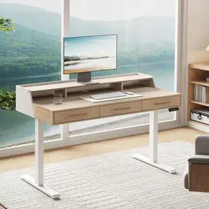 Standing Desk with 3 Drawers, 48 x 26 Inches Height Adjustable Desk with Monitor Shelf, Electric Stand Up Desk with Storage for Home and Office, Light Walnut