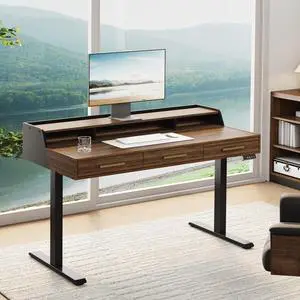 Standing Desk with 3 Drawers, 48 x 26 Inches Height Adjustable Desk with Monitor Shelf, Electric Stand Up Desk with Storage for Home and Office, Walnut Black