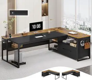 71" Executive Desk, Large Office Desk with Widen File Drawers & Power Outlets, Reversible L Shaped Computer Desk Corner Desk with Storage Shelves, CPU Stand, Hooks, Business Furniture