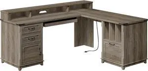 Farmhouse 69" Executive L Shaped Desk with Drawer, Home Office Desk with Charging Station, Corner Computer Desk with Monitor Stand, File Drawer, Storage Cabinet, Grey