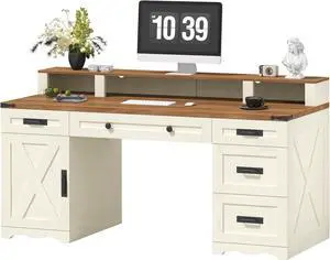 Farmhouse Executive Desk with Drawers & Storage Shelves, 55" Computer Desk with Power Outlets, Home Office Desk with Monitor Stand & File Drawers, Writing Study Table, Antique White