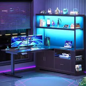 L Shaped Standing Desk, Reversible Computer Office Desk with Drawers & Hutch, Stand Up Corner Gaming Desks with LED Lights & Power Outlets for Home Office, Black