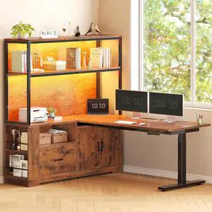 L Shaped Standing Desk, Reversible Computer Office Desk with Drawers & Hutch, Stand Up Corner Gaming Desks with LED Lights & Power Outlets for Home Office, Rustic Brown