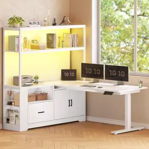 L Shaped Standing Desk, Reversible Computer Office Desk with Drawers & Hutch, Stand Up Corner Gaming Desks with LED Lights & Power Outlets for Home Office, White