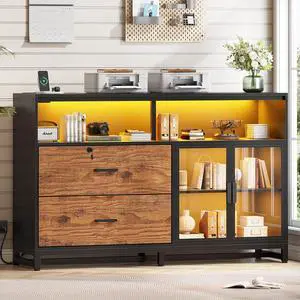 59" File Cabinet, 2 Drawers Filing Cabinets for Home Office fit Legal/Letter/A4 File, File Cabinet with Lock & Power Outlets, Printer Stand with Storage & LED Lights, Brown