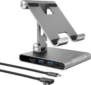 j5create Adjustable Tablet Stand with USB Type C Docking Station for iPad Pro/Air/Mini : 4K60 HDMI, 2 x USB-A 5Gbps, 100W PD Charging, microSD/SD Card Reader, 3.5mm Audio Jack