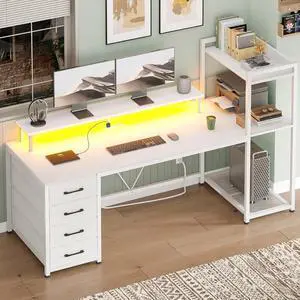 55" Computer Desk with 4 Drawers and Shelves, Gaming Desk with LED Lights & Power Outlets, Home Office Desk with Large Storage Space, Work from Home, White