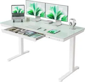 55 × 24 Electric Standing Desk with Drawers, Whole-Piece Glass Adjustable Height Desk, One-Piece Quick Install Adjustable Sit Stand Desk, White