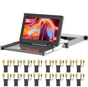 Rack Mount KVM w/15.6'' LCD Monitor, Arvitek 16 Port KVM Switch VGA, Fit 1U 19'' Rack, Suitable for 600-800mm Network Cabinet + 16 VGA KVM Cables