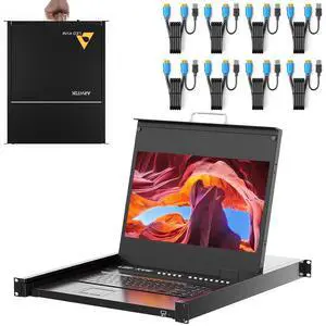 Rack Mount KVM w/17.3" LCD Monitor, Arvitek 8 Port KVM Switch HDMI w/Handle, Fit 1U 19'' Rack, Suitable for 600-800mm Network Cabinet (Included 8 HDMI KVM Cables)