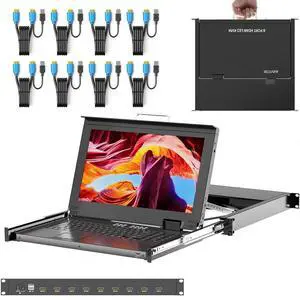 Rack Mount KVM w/15.6'' LCD Monitor, Arvitek 8 Port KVM Switch HDMI w/Handle, Fit 1U 19'' Rack, Suitable for 600-800mm Network Cabinet (Included 8 HDMI KVM Cables)