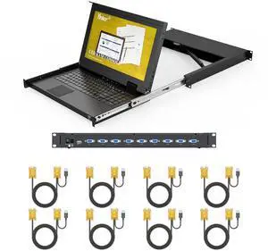 8 Port Rack Mount LCD KVM Console, Yinker VGA KVM Switch with 15.6 inch LCD Monitor, Fit 1U 19" Rack 600mm-deep Network Server Cabinet w/Keyboard Touchpad Drawer KVM Cables