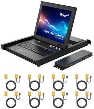 LCD KVM Switch VGA, 17'' LCD Monitor Rack Mount KVM Console 8 Port for 1U 19'' Rack Cabinet, Support Hotkey + OSD Menu, Integrated with US Keyboard + Touchpad + KVM Cables