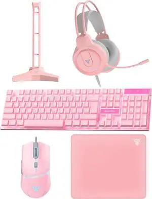 Wired Gaming Keyboard and Mouse Set, Over-Ear Headphone and Headset Stand, Gaming Mouse Pad Wired RGB Rainbow Mice, PC Beginner Gamer Basic 5 in-1 for,PC,Laptop,Xbox Pink