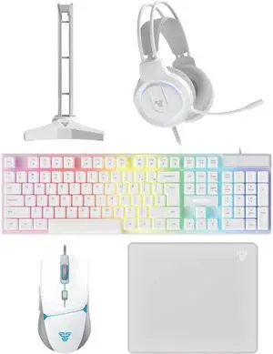 5 in-1 Gaming Keyboard and Mouse Combo, Rainbow LED Backlit Wired Keyboard,Gaming Headset and Headphone Stand Gaming Mouse Pad,Wired Gaming Mice, for,PC,Laptop,Xbox White