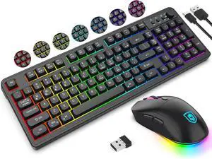 Wireless Keyboard and Mouse Combo,Triple Mode 2.4G/Wired/Bluetooth Gaming Keyboard and Mouse,Rechargeable Ergonomic RGB Backlit Light Up Keyboard Mouse with Knob for WinPC/Mac/Tablet Black