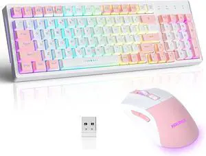 Wireless Keyboard and Mouse Combo,Triple Mode 2.4G/Wired/Bluetooth Gaming Keyboard and Mouse,Rechargeable Ergonomic RGB Backlit Light Up Keyboard Mouse with Knob for WinPC/Mac/Tablet White Pink