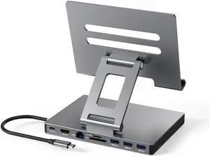 USB C Hub Stand for iPad Pro, 9-in-1 Adapter for iPad Pro M4 M2 13 12.9 11 Inch Docking Station Foldable with 4K 60Hz HDMI, RJ45 Gigabit Ethernet, SD/TF Card Reader, 3 USB 3.0, 3.5 mm Audio, iPad Air