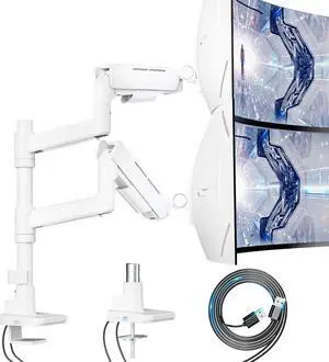 Vertical Dual Monitor Mount for 17-49 Inch Ultrawide Heavy Duty Curved Screen Stacking, Computer Monitor Arm Desk Mount with USB, Gas Spring Adjustable Vesa Stand - White