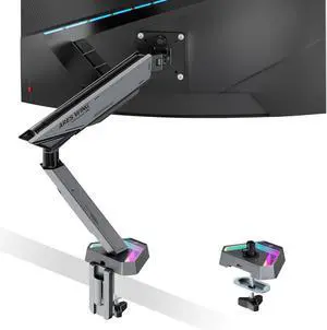 RGB Single Monitor Arm Desk Mount for 17-45 inches Flat and Curved Monitors, Holds 35.2 lbs Heavy Duty, Adjustable Ultrawide Monitor Arm with Clamp & Grommet Base, 75/100 VESA Mount, Gray