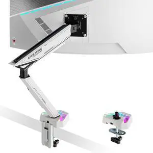 RGB Single Monitor Arm Desk Mount for 17-45 inches Flat and Curved Monitors, Holds 35.2 lbs Heavy Duty, Adjustable Ultrawide Monitor Arm with Clamp & Grommet Base, 75/100 VESA Mount, White