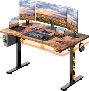Standing Desk, Inches Stand up Desk with Memory Preset, Adjustable Desks for Work Home Office, Electric Standing Desks, Detachable Side Mount Pocket, Light Strip - Rustic Brown