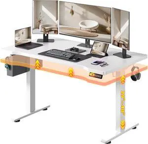 Standing Desk, Inches Stand up Desk with Memory Preset, Adjustable Desks for Work Home Office, Electric Standing Desks, Detachable Side Mount Pocket, Light Strip - White