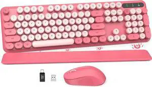 Wireless Keyboard and Mouse Combo - Round Keycaps, Full-Size Retro Typewriter Keyboard with Detachable Wrist Rest, Sleep Mode & Tilt Legs, 2.4GHz Cordless Connection for Mac/Windows/PC - Pink