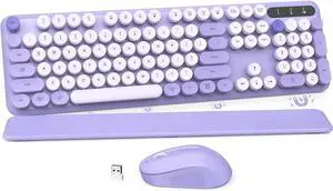 Wireless Keyboard and Mouse Combo - Round Keycaps, Full-Size Retro Typewriter Keyboard with Detachable Wrist Rest, Sleep Mode & Tilt Legs, 2.4GHz Cordless Connection for Mac/Windows/PC - Purple