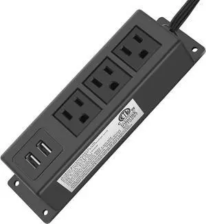3 Outlets Wall Mount Power Outlet Strip with USB, Under Desk Power Strip Mountable Large Flat Plug, Desk Mount, 6FT Power Cord.