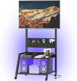 Rolling TV Stand with Power Outlet, Mobile TV Stand with LED Light Up to 55" TVs, TV Cart with Mount, 5 Oxford Fabric Pouches, for Living Room, Meeting Room, Black