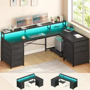 L Shaped Gaming Desk, Reversible 58" Small Computer Desk with 7 Drawers and Power Outlet, Corner Gaming Desk with LED Lights for Small Space, Black