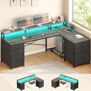 L Shaped Gaming Desk, Reversible 58" Small Computer Desk with 7 Drawers and Power Outlet, Corner Gaming Desk with LED Lights for Small Space, Grey