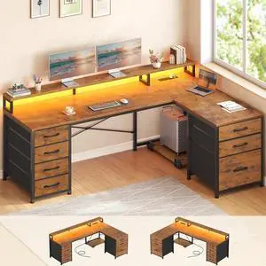 L Shaped Gaming Desk, Reversible 58" Small Computer Desk with 7 Drawers and Power Outlet, Corner Gaming Desk with LED Lights for Small Space, Rustic Brown