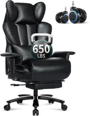 650LBS Big and Tall Office Chair with Footrest,Large Heavy Duty Executive Office Chair-Wide Seat,Adjustable Lumbar Support,Dual Rubber Wheels,Ergonomic High Back Computer Chairs for Heavy People,Black