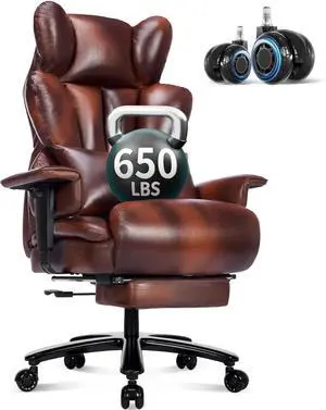 650LBS Big and Tall Office Chair with Footrest,Large Heavy Duty Executive Office Chair-Wide Seat,Adjustable Lumbar Support,Dual Rubber Wheels,Ergonomic High Back Computer Chairs for Heavy People,Brown
