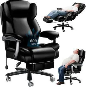600lbs Big and Tall Office Chair for Heavy People,Heavy Duty Comfy Executive Office Desk Chair with Foot Rest&Adjustable Lumbar Support,High Back PU Leather Computer Chair,Metal Base,Rubber Wheel