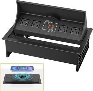 15W Wireless Conference Table Power Hub Outlet, Connectivity Box Rotatable with 20W USB C, Dual 18W USB A, 4 AC Outlets, Heavy Duty Metal Table Top Box for Countertop Office, 6 FT Cord