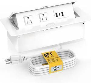 UL Listed Recessed Power Strip, Pop Up Power Cover Box Desktop Socket with PD 20W USB C Charging Ports, Stainless Steel Receptacle Outlet for Conference Room Countertop - White