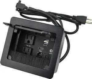 Tabletop Brush Flip Connectivity Box with 2 AC Power + 2 USB Charger + HDMI + 1 3.5mm Audio + USB-C Data + RJ45(cat6) for Conference Room (Black)