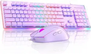 Gaming Keyboard and Mouse, Purple 104 Keys RGB and 6 Speed RGB Mouse Combo, Pudding Keycaps Silent Computer Keyboard for Computer/PC/Laptop/Mac/Windows/Office