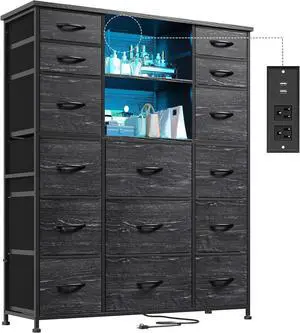 51" H Tall Dresser with 15 Drawers Dresser for Bedroom with Charging Station & LED Lights & Hutch Sturdy Black Bedroom Dressers, Steel Frame, Wood Top, 51.2" H x 39.3" W x 11.8" D - Black