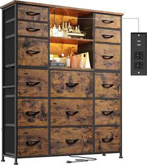 51" H Tall Dresser with 15 Drawers Dresser for Bedroom with Charging Station & LED Lights & Hutch Sturdy Black Bedroom Dressers, Steel Frame, Wood Top, 51.2" H x 39.3" W x 11.8" D - Rustic Brown