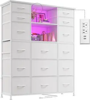 51" H Tall Dresser with 15 Drawers Dresser for Bedroom with Charging Station & LED Lights & Hutch Sturdy Black Bedroom Dressers, Steel Frame, Wood Top, 51.2" H x 39.3" W x 11.8" D - White