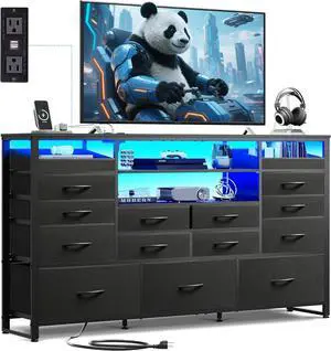 Dresser for Bedroom with 15 Fabric Drawers & Adjustable Shelves, Black Dresser TV Stand with Led Light & Charging Station, Chest of Drawers for Closet, Living Room, Wooden Top (65'' TV)