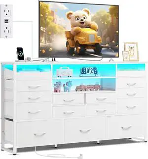Dresser for Bedroom with 15 Fabric Drawers & Adjustable Shelves, Black Dresser TV Stand with Led Light & Charging Station, Chest of Drawers for Closet, Living Room, Wooden Top (65'' TV) White