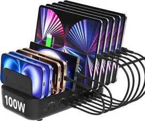 Multi USB Charging Station,100W 10-Port Type C Fast lPad Charging Station for Multiple Devices with Adjustable Dividers, Charger Organizer Compatible with Phone, Tablet,Kindle and More(Black)