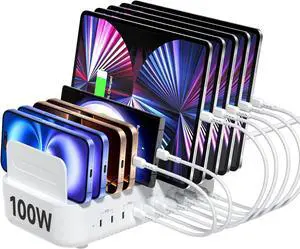 Multi USB Charging Station,100W 10-Port Type C Fast lPad Charging Station for Multiple Devices with Adjustable Dividers, Charger Organizer Compatible with Phone, Tablet,Kindle and More(White)