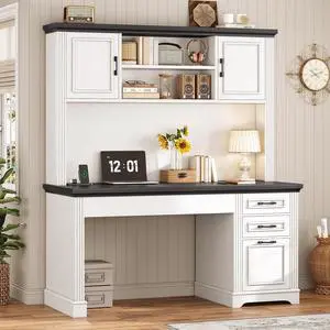 Farmhouse Computer Desk with Hutch and 3 Drawers, 47.2" Executive Office Desk with Storage Drawers, Wood Desk with Power Outlet for Home Office, White
